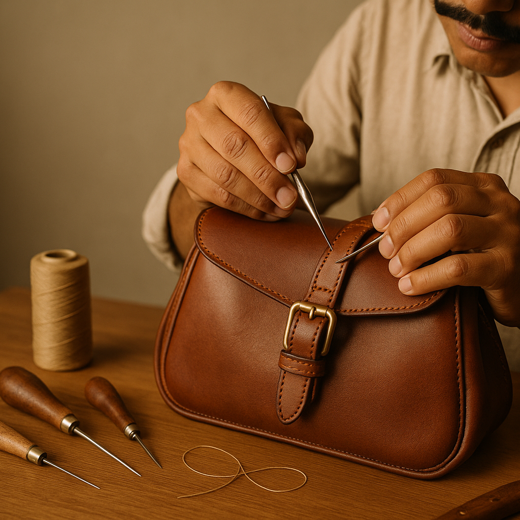 Person repairing a brown leather bag with tools on a wooden surface