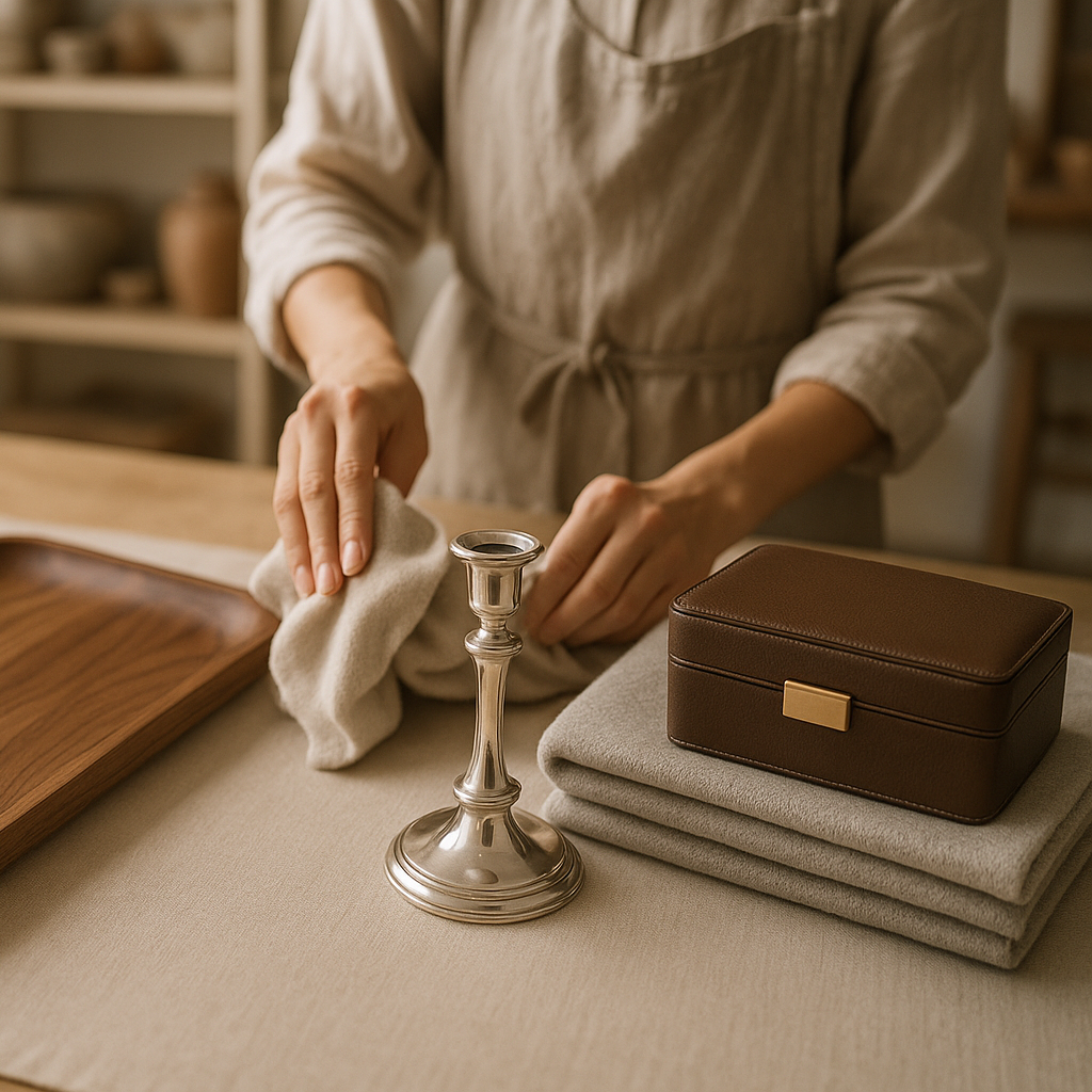 Person cleaning a wooden tray with a cloth on a table with decorative items.