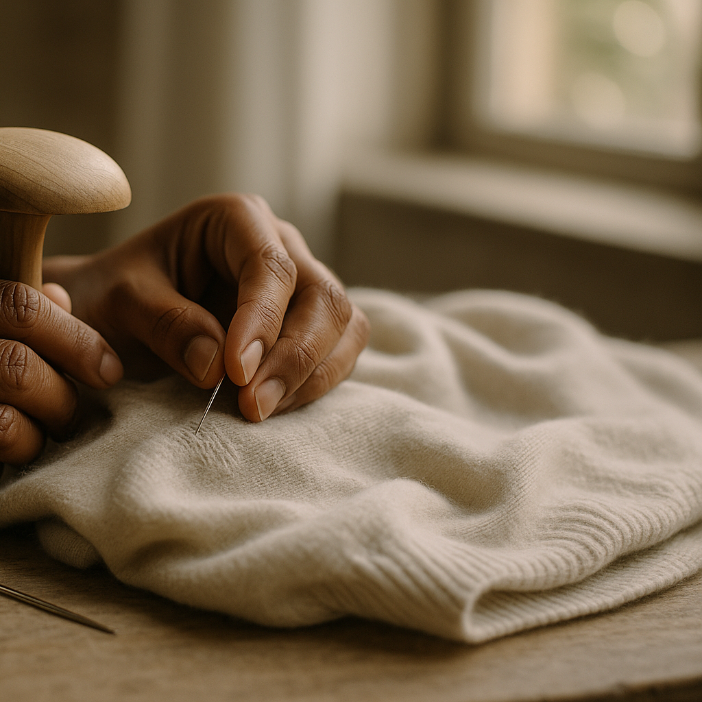 Person sewing a natural fabric with a wooden sewing tool on a wooden surface.