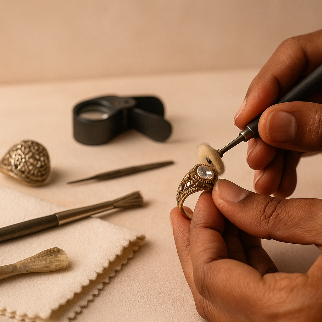 Person working on a piece of jewelry with tools on a table.