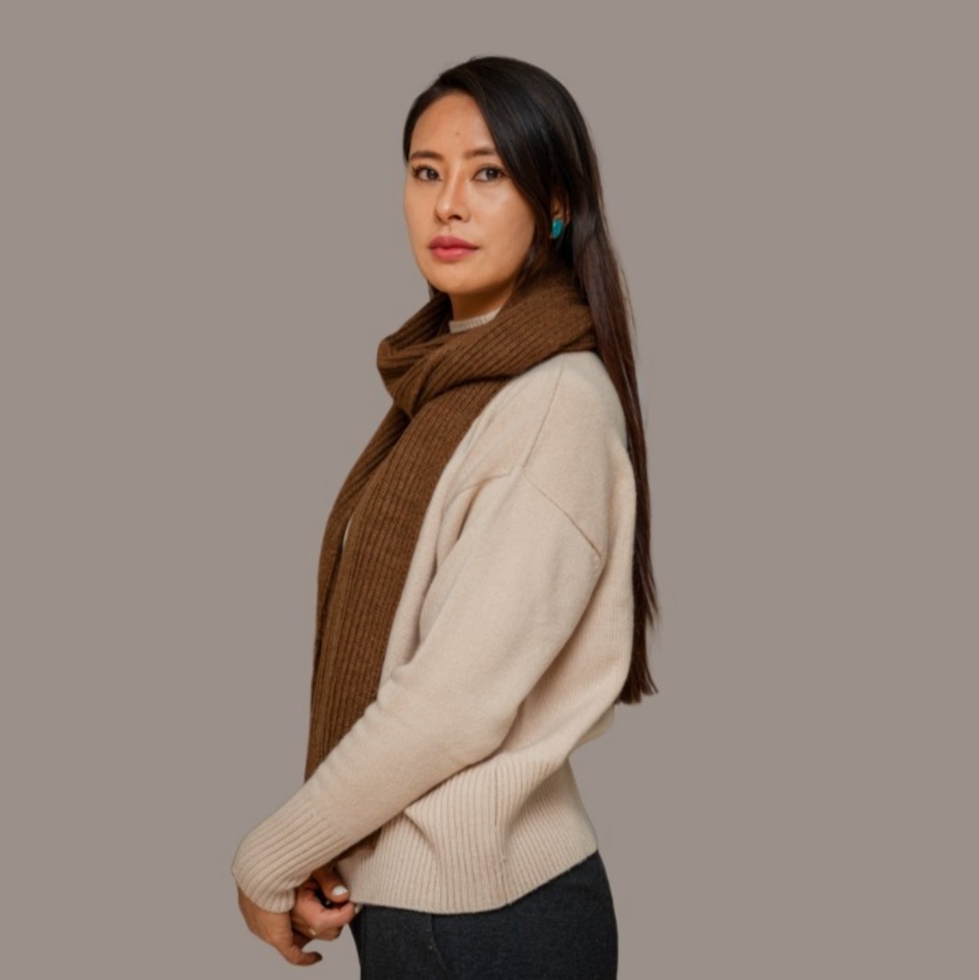 Botanically-Dyed Handspun Handknit Ribbed Cashmere Scarf | Catechu