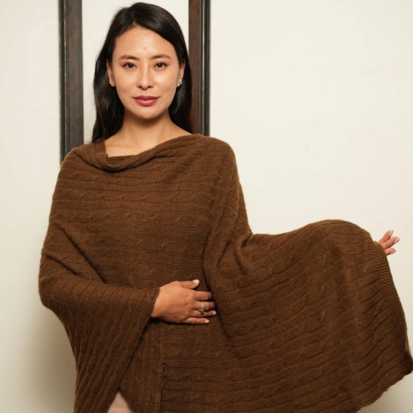 Botanically-Dyed Handspun Handknit Cableknit Cashmere Poncho | Catechu