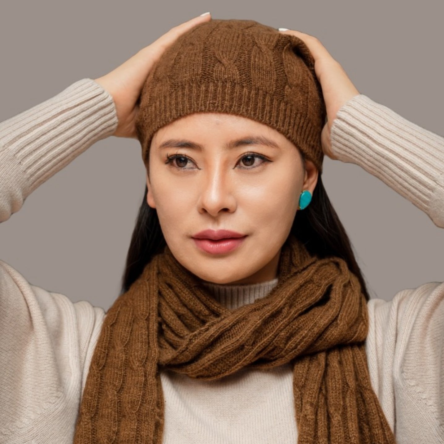 Botanically-Dyed Handspun Handknit Cableknit Cashmere Beanie | Catechu