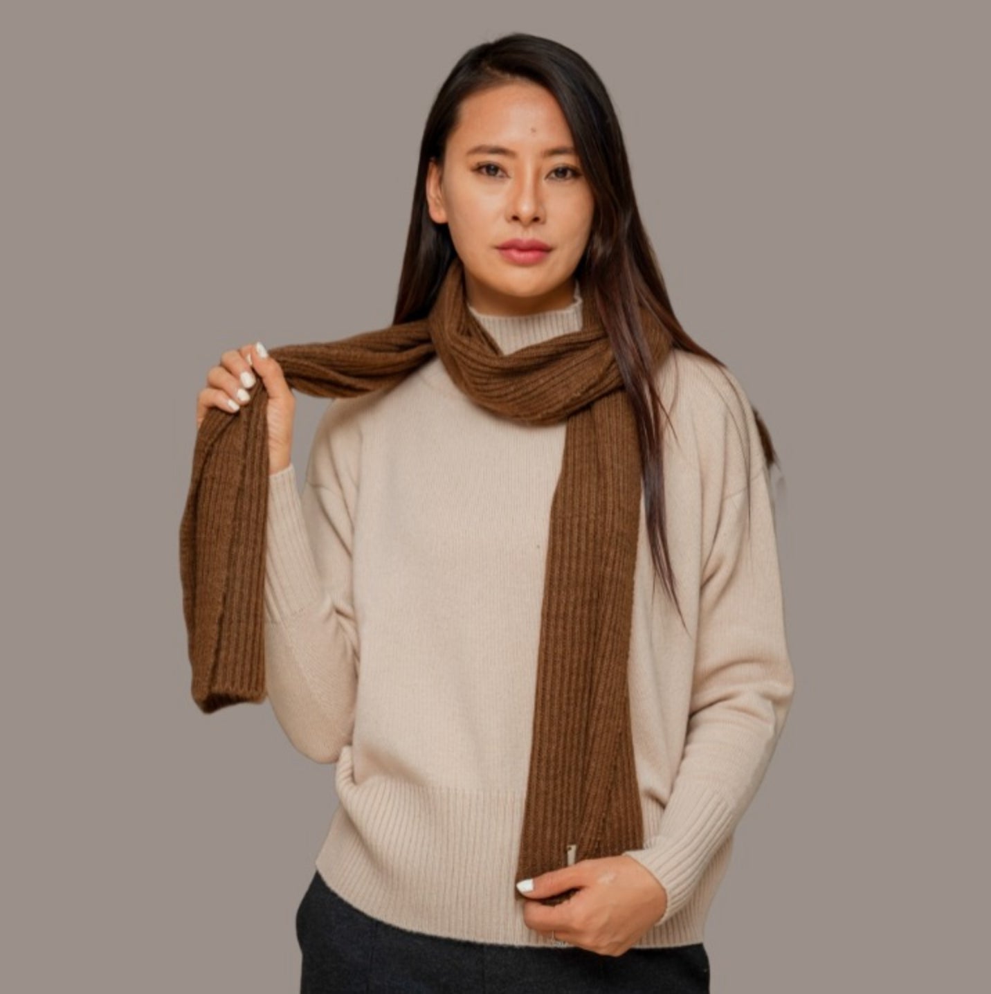 Botanically-Dyed Handspun Handknit Ribbed Cashmere Scarf | Catechu