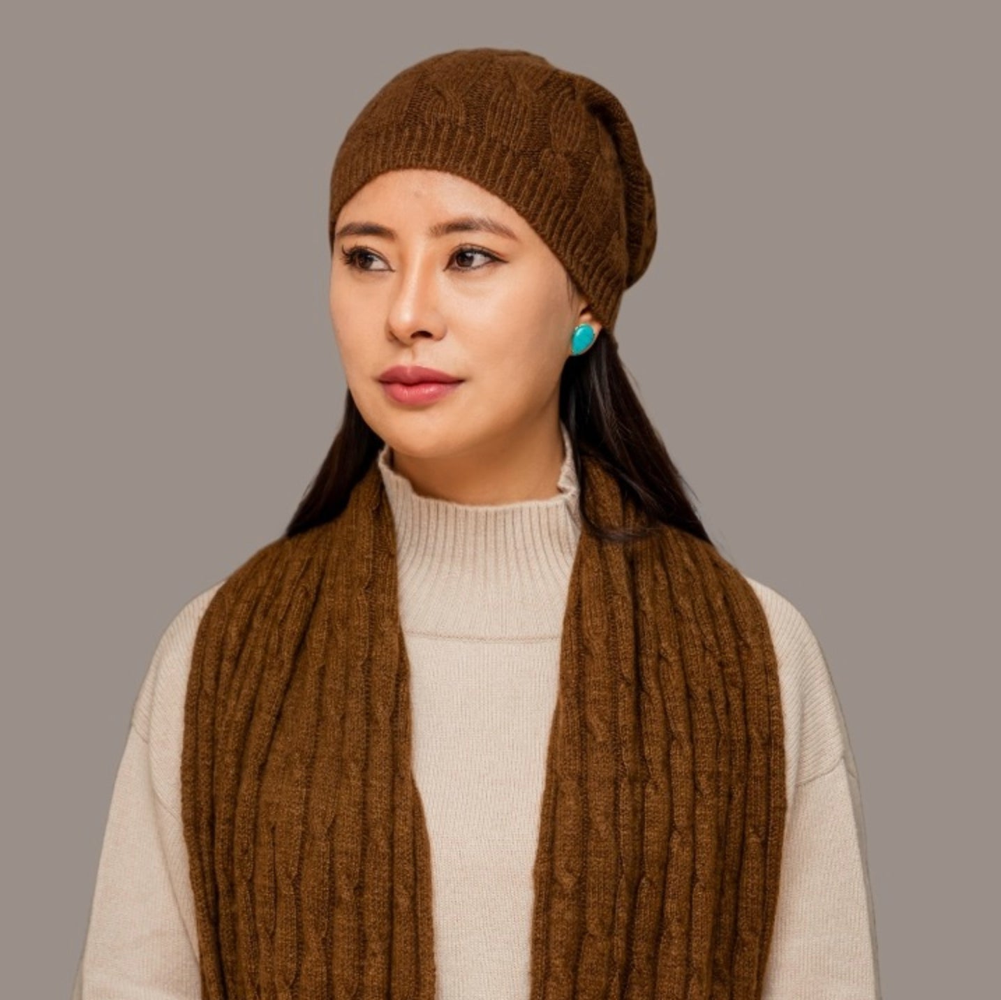Botanically-Dyed Handspun Handknit Cableknit Cashmere Beanie | Catechu