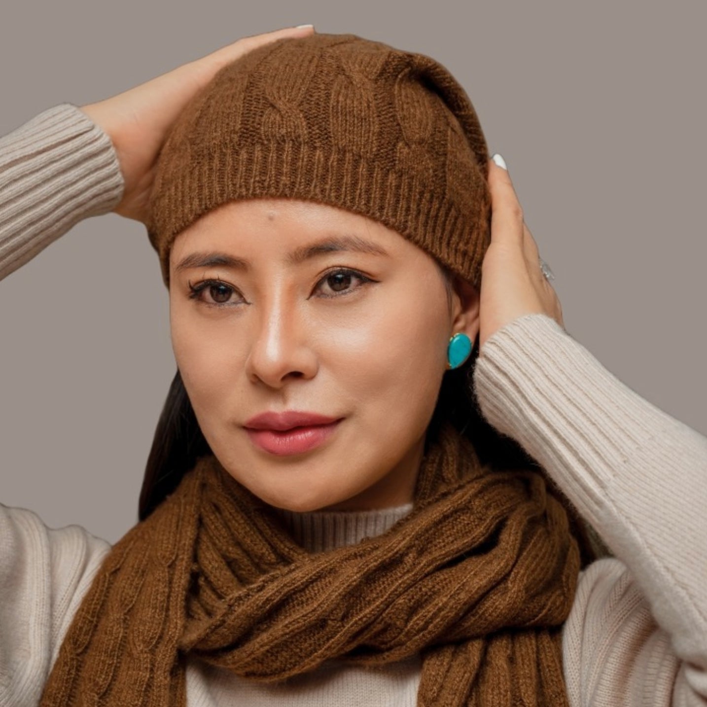 Botanically-Dyed Handspun Handknit Cableknit Cashmere Beanie | Catechu