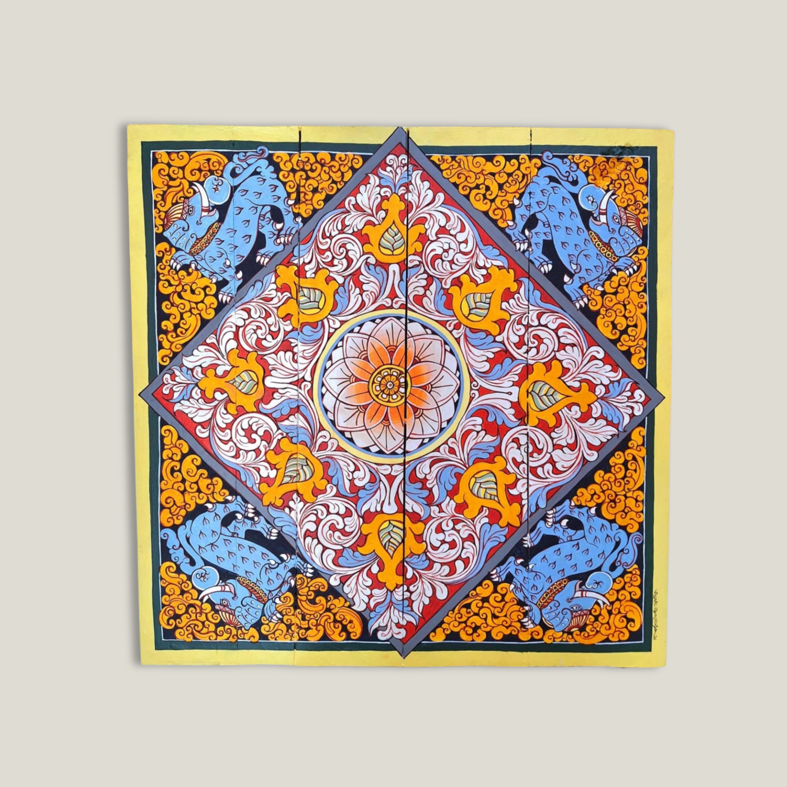 Teak Wood Acrylic Painting | Mythical Gajasimha