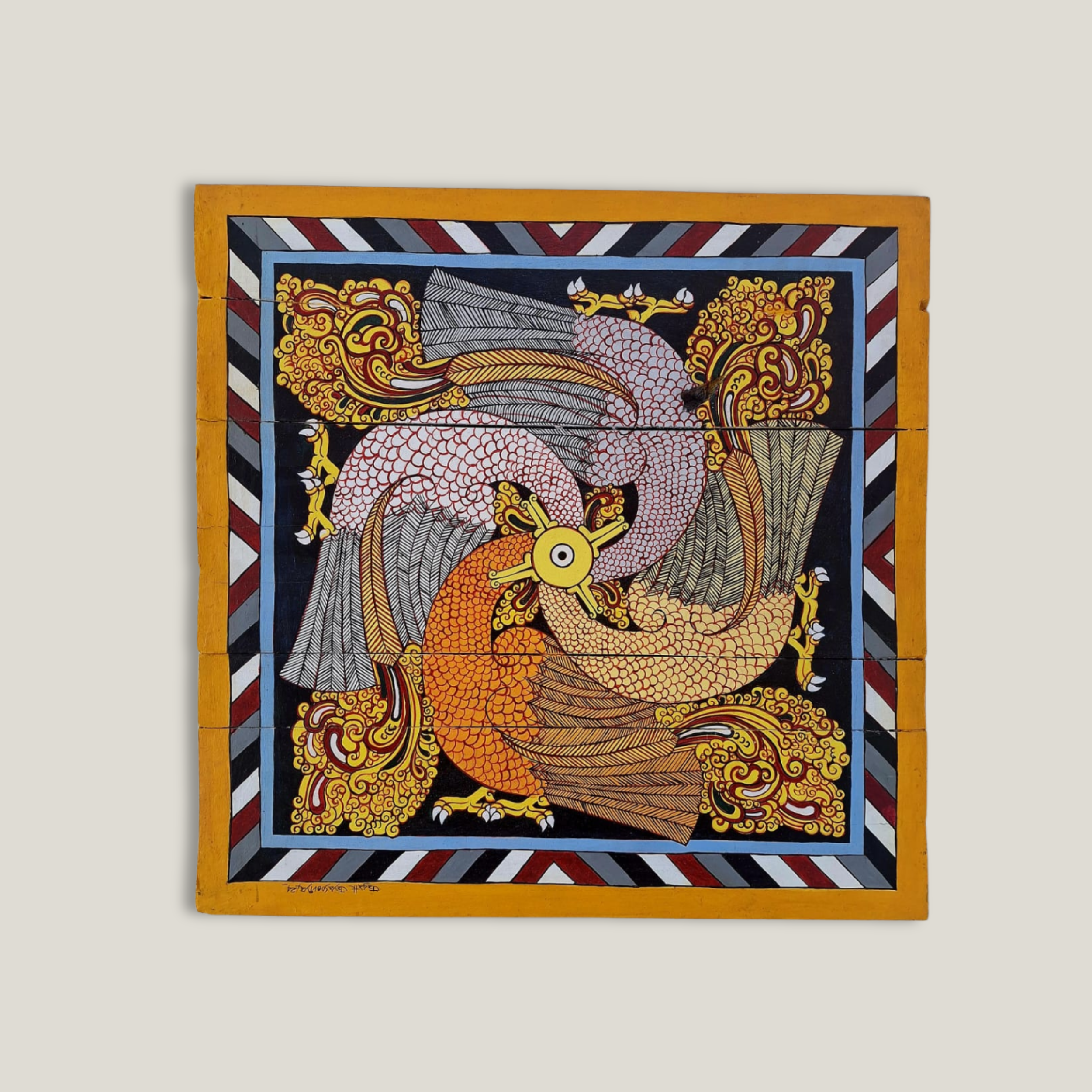 Teak Wood Acrylic Painting | Mythical Hamsa