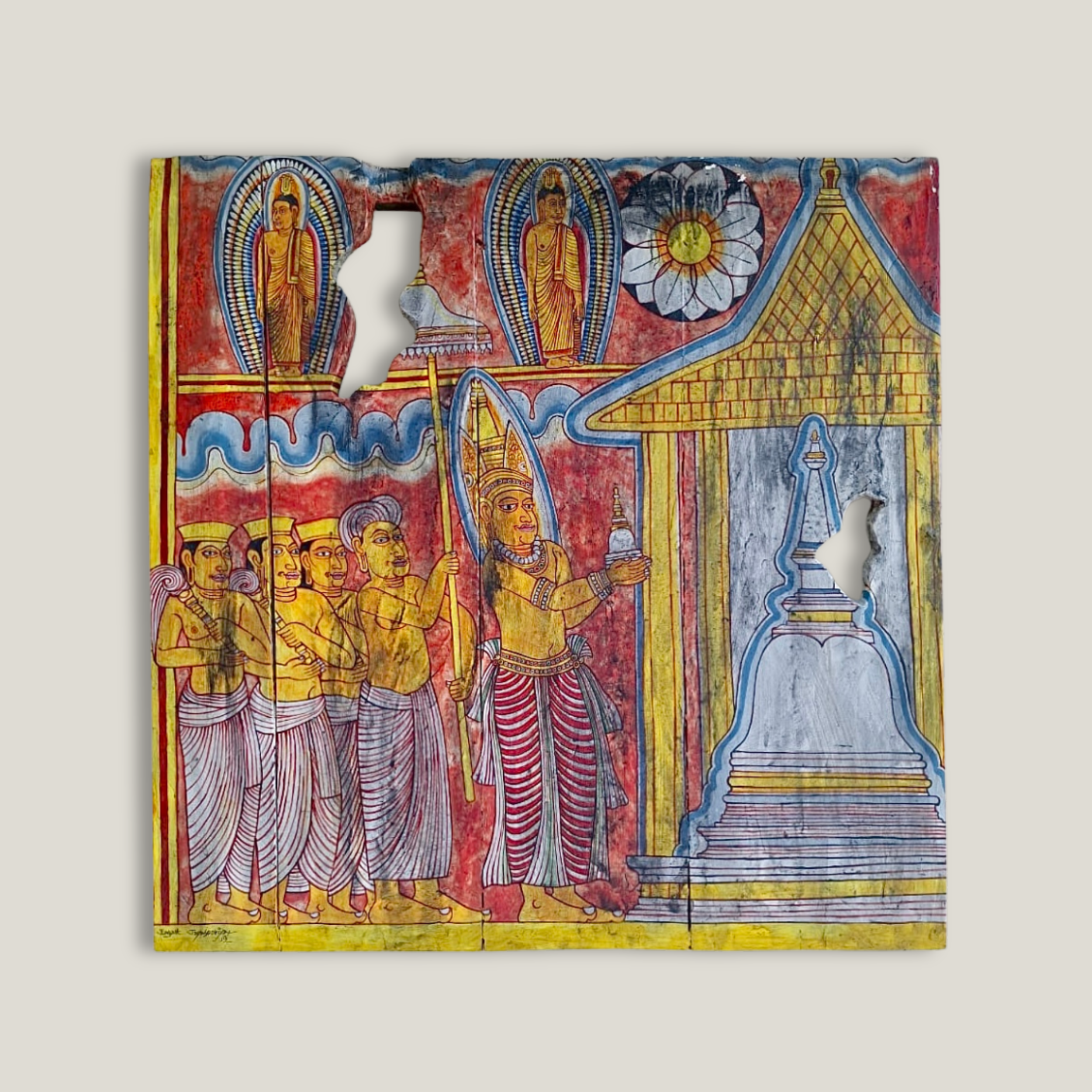 Teak Wood Acrylic Painting | Stupa Offering