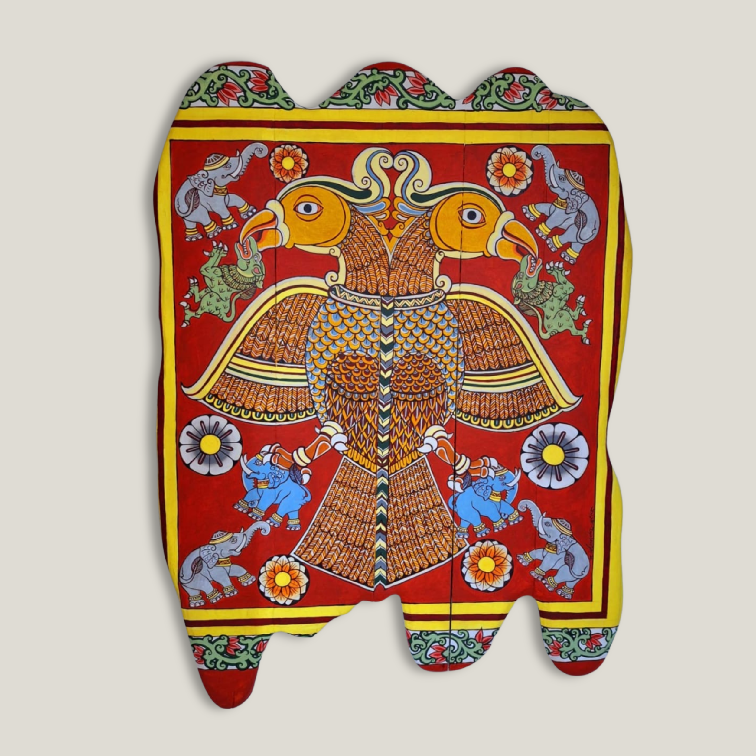 Teak Wood Acrylic Painting | Mythical Berunda Pakshiya